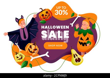 Halloween poster, discount sale banner design template. Cute happy kids in costumes of pumpkin and bat celebrate holidays. Vector flat cartoon charact Stock Vector