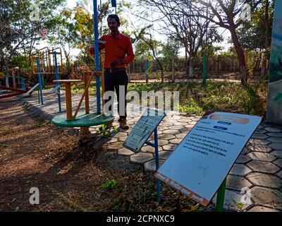DISTRICT KATNI, INDIA - JANUARY 23, 2020: iron material made newtons third law science model presentation on garden area, education program by Asian c Stock Photo