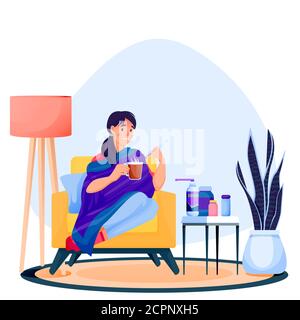 Flu sick woman sitting on arm-achair under plaid, drinks hot tea and measures temperature. Girl have autumn or winter seasonal cold respiratory infect Stock Vector