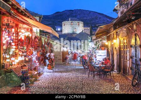 Evening scene on the cobbled streets in Mostar old town, Bosnia Herzegovina. Stock Photo