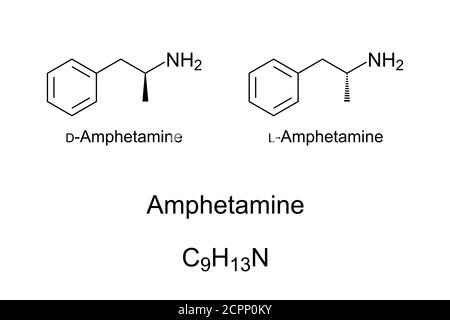 Amphetamine, chemical structure. Stimulant, used to treat ADHD, narcolepsy and obesity. In high dose it is euphoric, in the drug scene known as speed. Stock Photo