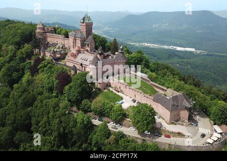 Aerial drone image of Chateau de Haut-Koenigsbourg in Alsace, France. Stock Photo