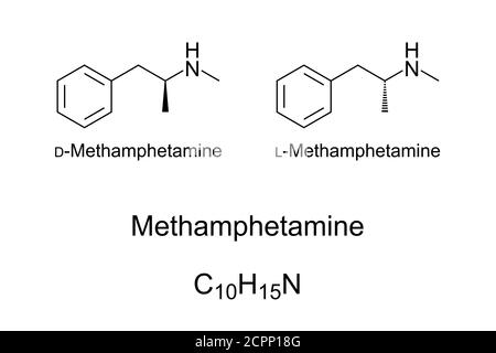 Methamphetamine, chemical structure. Stimulant and recreational drug, existing in two enantiomers. Known under the names meth or crystal meth. Stock Photo