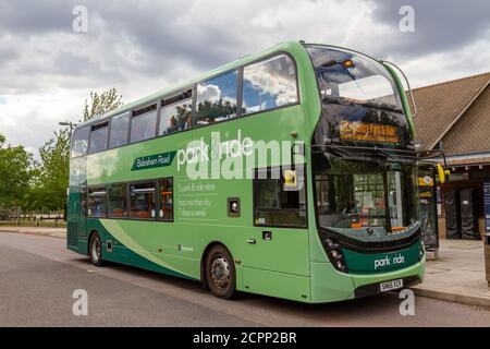 A Babraham Road Park & Ride bus waiting at the Babraham Road Park and Ride station in Cambridge, Cambridgeshire, UK. Stock Photo