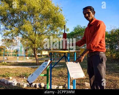 DISTRICT KATNI, INDIA - JANUARY 23, 2020: iron material made 1 plus 1 science model presentation on garden area, education program by Asian countries Stock Photo
