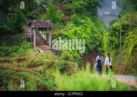 Two girls walking along a small road in Sapa, Northern Vietnam between lush green forest and a stairway with an arch in the background Stock Photo