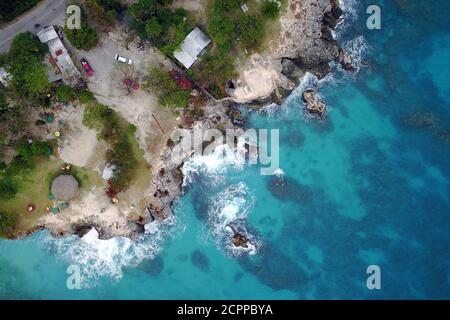 Drone aerial image of 3 Dives Point on the western coast of Jamaica near Negril. Stock Photo