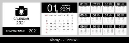 Calendar 2021 year. Simple Vector Template. Calendar design in black and white colors, holidays in red colors. Week Starts on Sunday. Vector illustrat Stock Vector