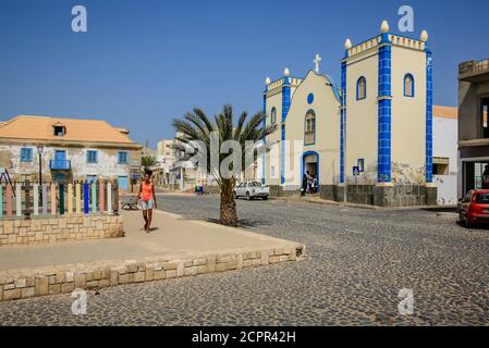 Sal Rei, Boa Vista, Cape Verde - Santa Isabel Church in the main square of the island's capital, Sal Rei. Stock Photo