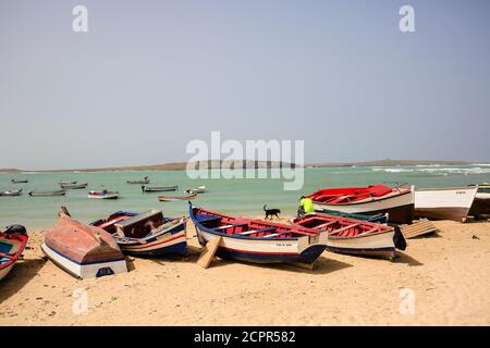 Sal Rei, Boa Vista, Cape Verde - fishing boats on the city beach Praia de Diante. Stock Photo