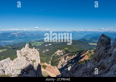 Aldein, Province of Bolzano, South Tyrol, Italy. Geoparc Bletterbach. View from the Aldeiner Weißhorn down to the Bletterbach Gorge Stock Photo