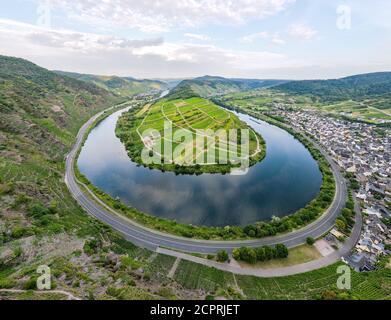 Loop of Bremm from Calmont on the romantic Moselle, Mosel river. Panorama view. Rhineland-Palatinate, Germany Stock Photo
