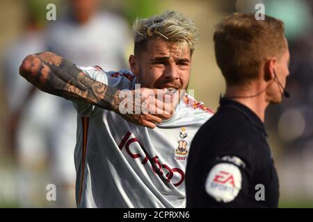 Bradford City's Tyler French appeals to match referee Will Finnie during the Sky Bet League Two match at the New Lawn, Nailsworth. Stock Photo