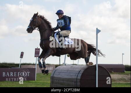 Zara Tindall riding Class Affair on the cross country course during the Burnham Market International Horse Trials in Norfolk. Stock Photo