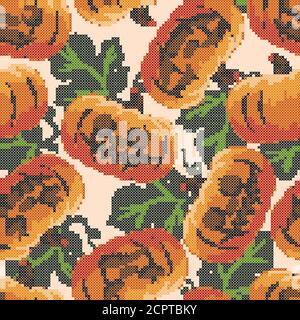 Pattern for embroidering with a cross, a seamless background of leaves with pumpkin. Background for Halloween... Stock Vector