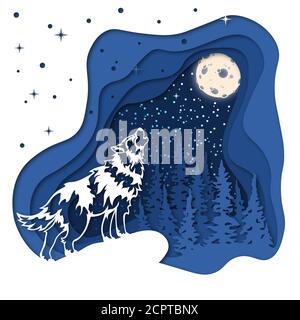 Wolf on the background of the winter forest, howling at the moon in the snow. For decoration and design. Template for laser cutting and Plotter. Vecto Stock Vector