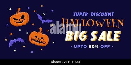 Halloween illustration for big sale discount banner in flat design with two pumpkins and bats Stock Vector