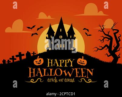 Happy Halloween background in flat design. Haunted house, headstones and bats silhouettes Stock Vector
