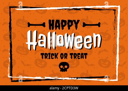 Happy Halloween in flat design lettering on orange pattern background Stock Vector