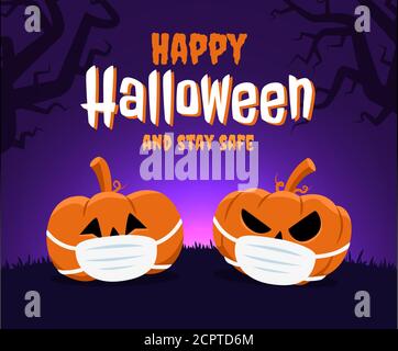 Happy Halloween and stay safe concept. Two pumpkins wearing a face mask because of coronavirus and new normal Stock Vector