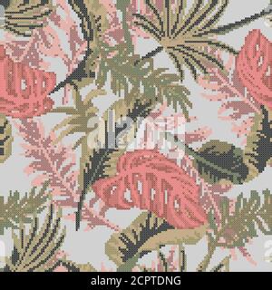 Pattern for embroidering with a cross, a seamless background of palm leaves... Stock Vector