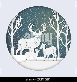 Deer in the snow, against the background of the forest. Paper crafts. Laser cutting, plotter cutting. stickers. Set template for laser cutting and Plo Stock Vector