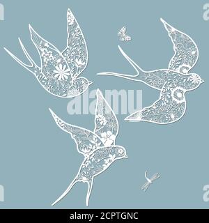 Set of stencils. Bird in flowers. Graphic vector decorative elements. Template suitable for laser cutting. Dragonfly and butterfly Stock Vector