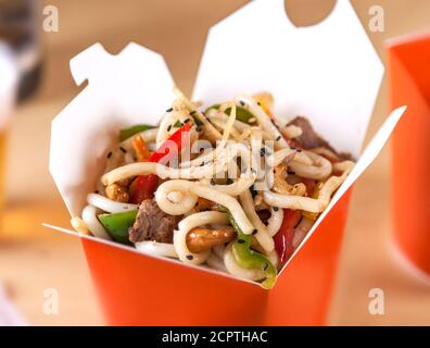 Takeaway udon food in a box. Stock Photo