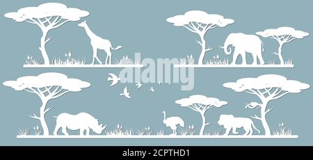 Animals on the line. Laser cut paper, template for DIY scrapbooking. Rhinoceros, giraffe, ostrich, elephant, lion. Animals, wildlife, bird, tree, gras Stock Vector