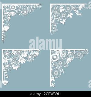 Set feathers. Laser cut template of openwork vector silhouette. For envelope with ornate floral ornament. Decorative design pattern for holiday. Stock Vector
