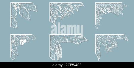 Set feathers. Laser cut template of openwork vector silhouette. For envelope with ornate floral ornament. Decorative design pattern for holiday. Stock Vector