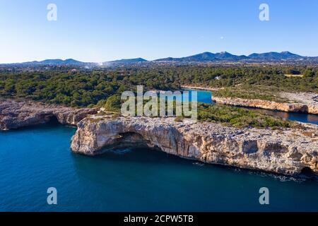 Cala Sa Nau with Forat d'en Mengo, near Cala d'Or, Migjorn region, drone image, Mallorca, Balearic Islands, Spain Stock Photo