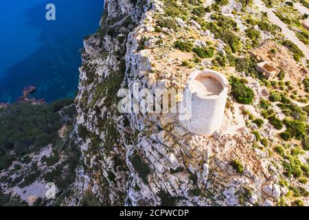 Watchtower Talaia díAlbercutx, Formentor Peninsula, near PollenÁa, drone image, Mallorca, Balearic Islands, Spain Stock Photo