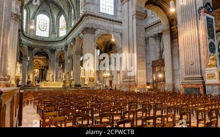 Saint Sulpice church interior in Paris, France. Saint Sulpice is slightly smaller than Notre-Dame and thus the second largest church in the city. Stock Photo