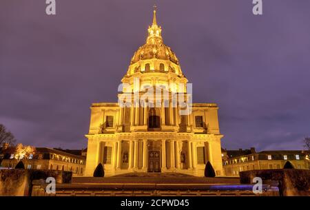 The Dome des Invalides at night, Napoleon's tomb, Paris, France. Stock Photo