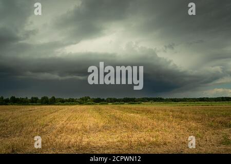 Dark stormy cloud over the field, summer day Stock Photo
