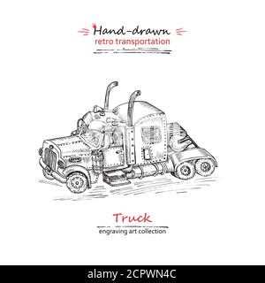 Hand drawn truck isolated on white background. Vintage sketch lorry transport. Large Industrial car, giant machine. Engravng art style Stock Vector