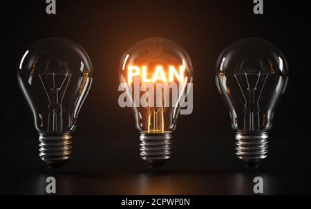 Glowing light bulb with the word plan Stock Photo