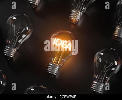 Glowing light bulb with the word idea Stock Photo