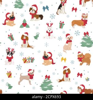 Dog characters in Santa hats and scarves. Christmas holiday seamless pattern design. Vector illustration Stock Vector