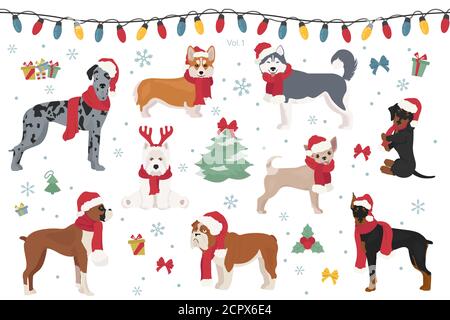 Dog characters in Santa hats and scarves. Christmas holiday design. Vector illustration Stock Vector