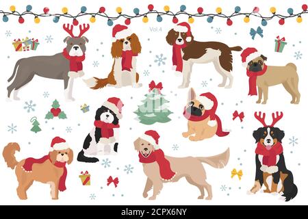 Dog characters in Santa hats and scarves. Christmas holiday design. Vector illustration Stock Vector