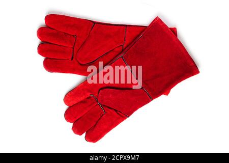 Red protective gloves for welding work isolated on white background Stock Photo