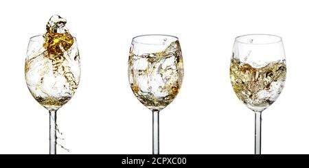 Set of three glasses with a splash of white wine on a white isolated background Stock Photo