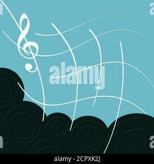 Abstract white treble clef with lines on blue with speakers Stock Photo