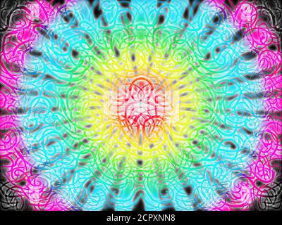 Abstract seamless grungy psychedelic interweaving curly patterns with Buddha figure in the center and multicolored sunburst ray Stock Photo