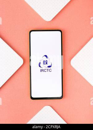 Assam, india - September 12, 2020 : Irctc logo on phone screen stock image. Stock Photo