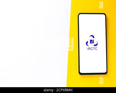 Assam, india - September 12, 2020 : Irctc logo on phone screen stock image. Stock Photo