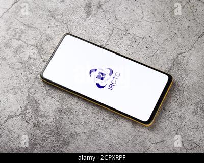 Assam, india - September 12, 2020 : Irctc logo on phone screen stock image. Stock Photo