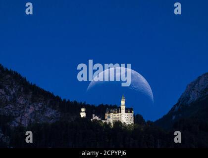 Twilight over Neuschwanstein Castle, Schwangau, Bavaria, Germany, Europe Stock Photo